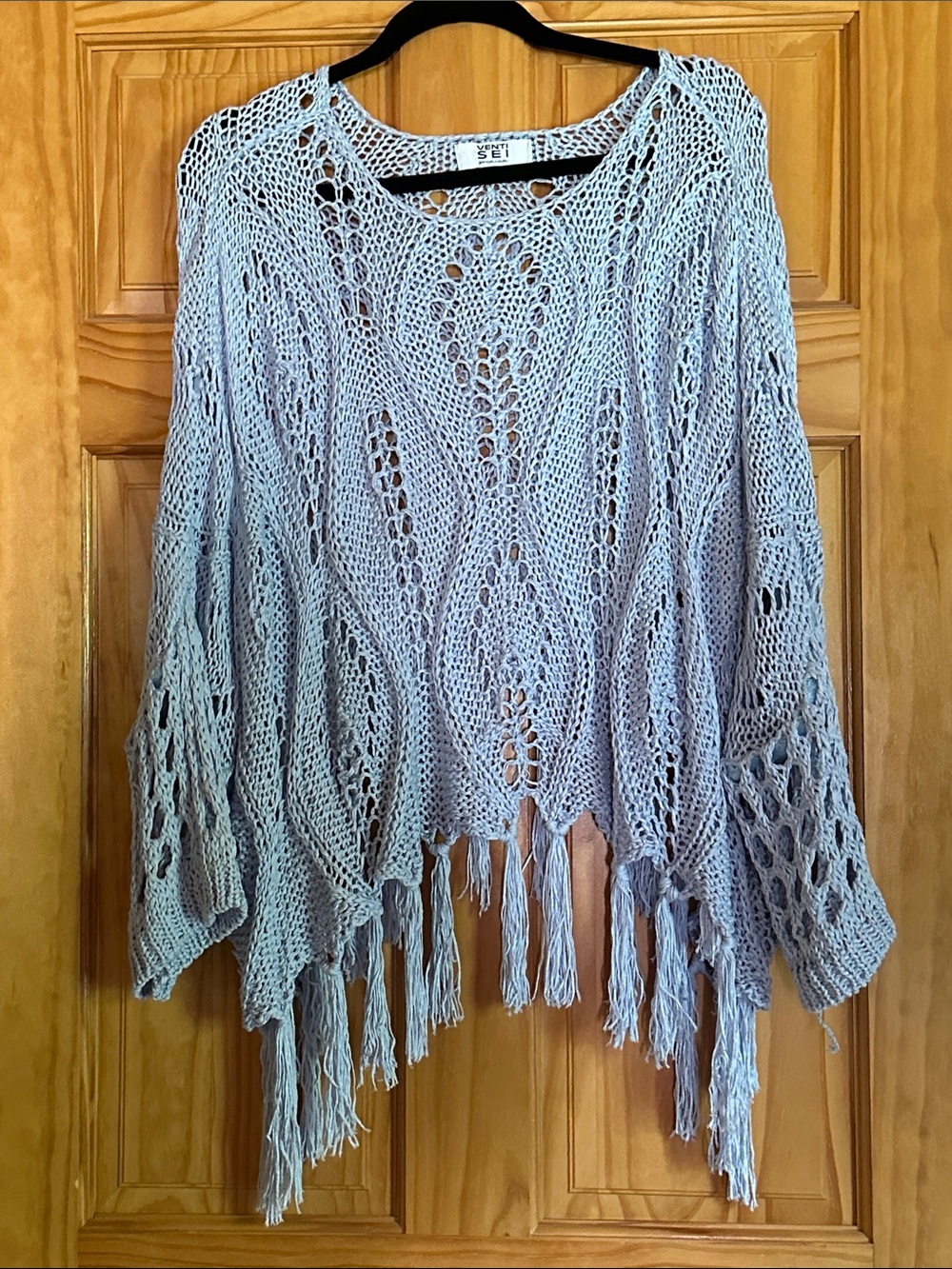 Light Gray Open-Knit Fringe Poncho Sweater by